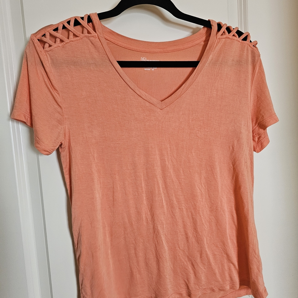No Boundaries Coral V-Neck Top with Lattice Shoulders